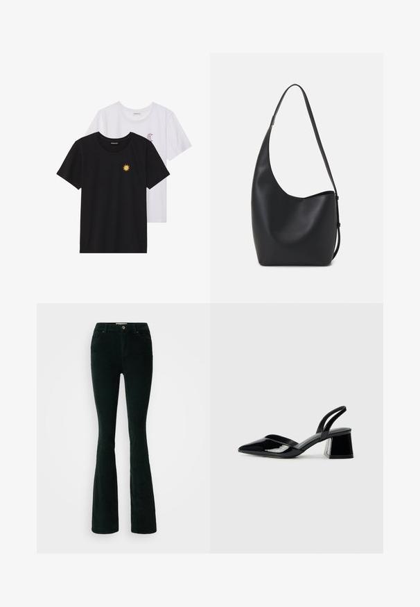T-shirts preto e branco, de decote redondo e mangas curtas. A camisa preta apresenta um bordado de sol amarelo; a branca tem um detalhe de lua crescente roxa.; Calças de veludo cotelê com flare em verde escuro. Apresenta uma cintura alta, design de cinco bolsos, fecho frontal com botão e textura de rib vertical.; Sandy em verniz preto com salto slingback, ponta afilada e salto geométrico. Apresenta um design elegante e minimalista com textura suave.; Saco hobo preto em pele com uma textura lisa, forma curva e uma única alça ajustável; apresenta uma abertura larga na parte de cima.