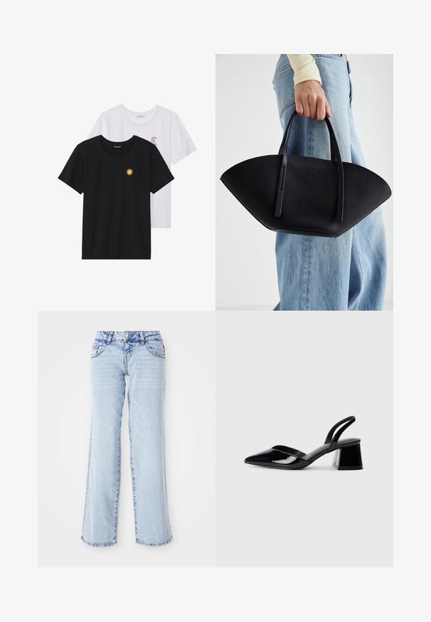 Juodi ir balti marškinėliai, apvaliu kaklu, trumpomis rankovėmis. Juodi marškiniai su geltonu saulės siuvinėjimu; baltieji turi purpurinę pusmėnulio akcentą.; Šviesiai mėlyni džinsai su laisvu kirpimu, tiesiomis kojomis ir nežymiu venos blukimu. Yra penki kišenės ir diržo kilpos. Ištrinta apatinė dalis.; Juodos lakuotos odinės šlepetės su smailiu pirštu ir geometriniu bloko kulnu. Turi elegantišką, minimalistinį dizainą ir lygų paviršių.; Juodas odinis rankinis uždangalas unikaliu ventiliatoriaus formos dizainu, turintis plokščias rankenas. Paviršius turi akmeninė tekstūrą ir minimalistišką dizainą.