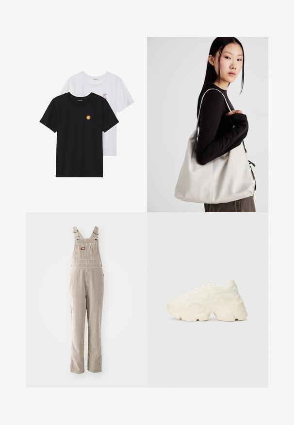 Crne i bijele majice, okrugli izrez, kratki rukavi. Crna majica ima žuti vez suncem; bijela majica ima ljubičasti naglasak u obliku polumjeseca.; Prugaste kombinezone od tkanog materijala u bež i smeđoj boji, s podesivim naramenicama, prednjim džepom i bočnim kopčama na dugmad.; Masivne bijele tenisice od teksturirane mreže i sintetičkih materijala, sa debelim potplatom i složenim uzorcima duž strana.; Bežna torba od mekog materijala s opuštenim dizajnom, šivanim detaljima i dva remena za rame. Pogodna za svakodnevnu upotrebu.