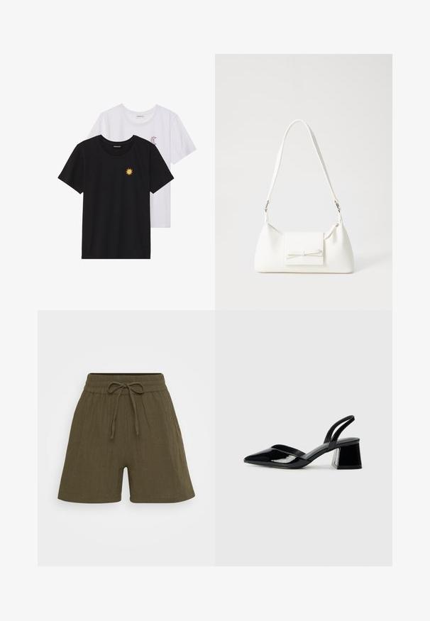 Zwart-witte T-shirts, ronde hals, korte mouwen. Het zwarte shirt heeft gele zon-geborduurde details; het witte shirt heeft een purperen halve maan accent.; Olijf groene linnen shorts met een wijde pijpontwerp, elastische tailleband met een trekkoord en subtiele textuur.; Zwarte gepatineerde leren slingback hakken met een spitse neus en een geometrische blokhak. Kenmerkt zich door een slank, minimalistisch ontwerp en een gladde textuur.; Witte synthetische handtas met een driehoekige vorm, platte voorklep en strikdetail, verstelbare schouderriem, gladde textuur en minimalistisch ontwerp.