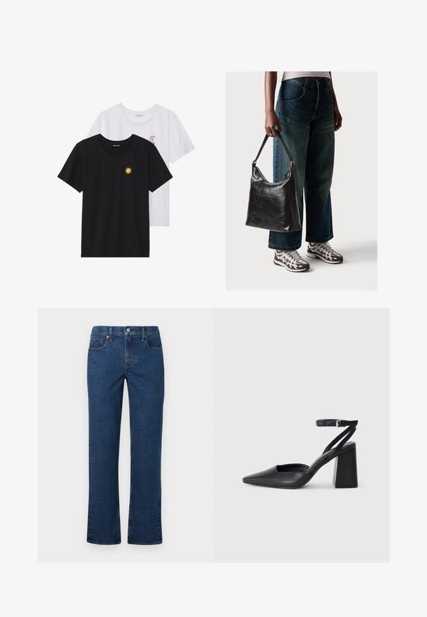 Juodi ir balti marškinėliai, apvaliu kaklu, trumpomis rankovėmis. Juodi marškiniai su geltonu saulės siuvinėjimu; baltieji turi purpurinę pusmėnulio akcentą.; Tamsiai mėlynos tiesios kojos džinsai su mygtuko ir užtrauktuko uždarymu, priekinių ir monetų kišenėmis bei diržo kilpomis, išdėstyti ant balto fono.; Juoda odinė smailiagalė aukštakulnio bateliai su kulkšnies dirželiu ir storu kulnu. Lygus paviršius, elegantiškas dizainas ir minimalistiška estetinė. ; Juodas odinis peties krepšys su lygiu paviršiumi ir reguliuojama dirželiu, derinamas su nublukusiais plačiapurčiais džinsais ir sportiniais batais.