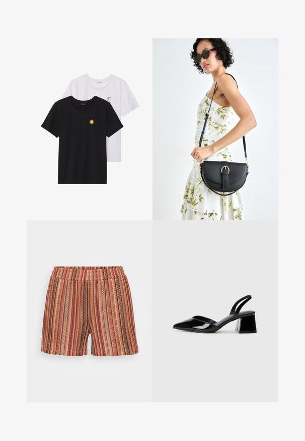 Black and white T-shirts, round neck, short sleeves. Black shirt features yellow sun embroidery; white has purple crescent moon accent.; Striped shorts with an elastic waistband, featuring vertical lines in red, brown, and green. Made of lightweight, textured fabric.; Black patent leather slingback heels with a pointed toe and a geometric block heel. Features a sleek, minimal design and smooth texture.; Black leather handbag with a curved shape, detachable strap, and gold hardware. The bag features a flap with a buckle detail.
