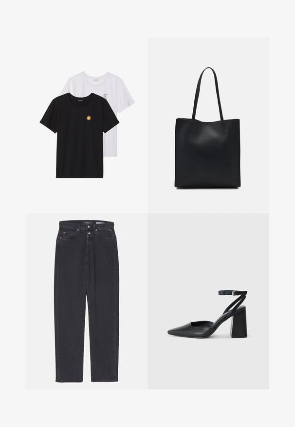 Crne i bijele majice, okrugli izrez, kratki rukavi. Crna majica ima žuti vez suncem; bijela majica ima ljubičasti naglasak u obliku polumjeseca.; Crne traperice od denima s pravim krojem, sa bakrenim zakovicama, kopčanjem na gumb i pet džepova. Čist dizajn bez dodatnih ukrasa.; Crne kožne cipele s špicastim vrhom, remenom oko gležnja i debelim potplatom. Ravna tekstura, elegantan dizajn i minimalistička estetika.; Crna kožna torba za nošenje s glatkom teksturom, pravokutnim oblikom i dvije duge ručke. Nema vidljivih metalnih dijelova ili ukrasa.