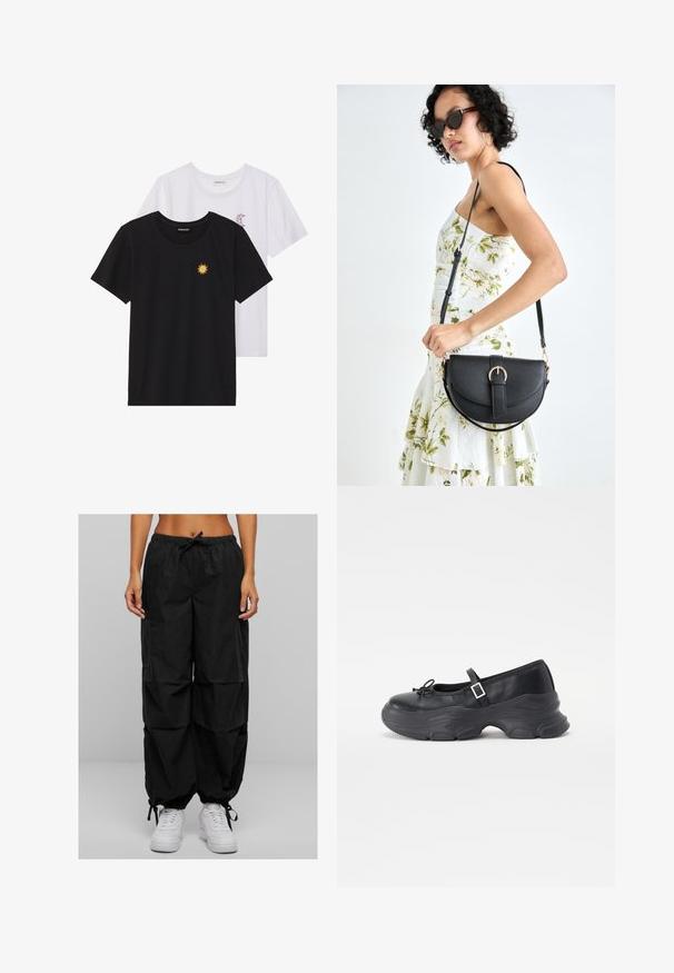 Czarne i białe t-shirty, okrągłe dekolty, krótkie rękawy. Czarna koszulka ma żółte haftowane słońce, a biała posiada fioletowy akcent w kształcie półksiężyca.; Czarne spodnie cargo mają elastyczny pasek w talii, luźny krój i wiele kieszeni. Materiał wydaje się lekki o matowej teksturze. W połączeniu z białymi sneakersami.; Czarny skórzany but Mary Jane z zaokrąglonym czubkiem, detalem w postaci kokardy i regulowanym paskiem na kostce. Posiada masywną gumową podeszwę z zakrzywionymi akcentami.; Czarna skórzana torebka o zakrzywionym kształcie, z odpinanym paskiem i złotymi akcentami. Torebka posiada klapę z zapięciem w kształcie klamry.