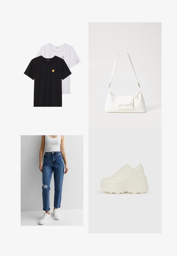Zwart-witte T-shirts, ronde hals, korte mouwen. Het zwarte shirt heeft gele zon-geborduurde details; het witte shirt heeft een purperen halve maan accent.; Blauwe high-waisted denim jeans met een ontspannen pasvorm, met versleten gebieden op de knieën en afgewerkt met een klassieke vijf-vaks ontwerp.; Witte platform sneakers met een gladde leren bovenkant, afgeronde vorm, gewatteerde kraag en een gestructureerde rubberen zool met duidelijke profiel.; Witte synthetische handtas met een driehoekige vorm, platte voorklep en strikdetail, verstelbare schouderriem, gladde textuur en minimalistisch ontwerp.