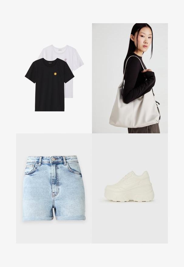 T-shirts preto e branco, de decote redondo e mangas curtas. A camisa preta apresenta um bordado de sol amarelo; a branca tem um detalhe de lua crescente roxa.; Calções de ganga azul claro com cintura subida, cinco bolsos e bainhas viradas. Apresentam um desbotado subtil e ferragens em tom de cobre.; Tênis brancos de plataforma com um cabedal suave semelhante a couro, formato arredondado, colarinho acolchoado e sola de borracha texturizada com ranhuras bem definidas.; Uma bolsa bege feita de material macio, com um design descontraído, detalhes de costura e duas alças para o ombro. Adequada para uso diário.