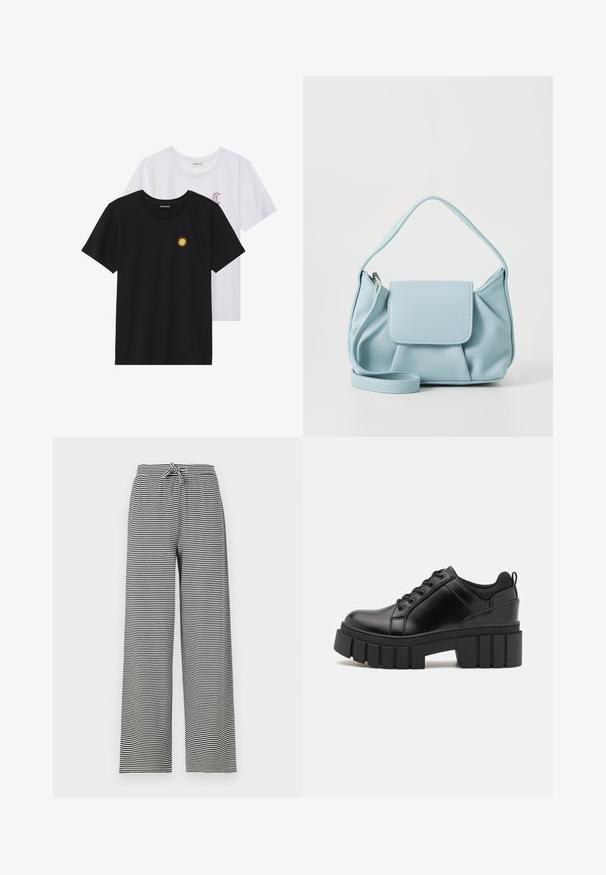 Schwarz-weiße T-Shirts, Rundhals, kurze Ärmel. Das schwarze Shirt hat eine gelbe Sonnenstickerei; das weiße eine lila Halbmond-Akzent.; Gestreifte schwarze und weiße weite Hose mit einem Kordelzugbund. Hergestellt aus weichem Stoff, mit horizontalen Streifen und einer lässigen Passform.; Schwarze Lederplateauschuhe mit klobigem Blockabsatz, runder Zehenpartie und traditionellem Schnürdesign. Verfügt über eine glatte Textur und minimale Details.; Hellblaues Lederhandtasche mit einem oberen Griff, einer vorderen Klappen-Tasche und einem abnehmbaren Handgelenkriemen auf einem weißen Hintergrund.