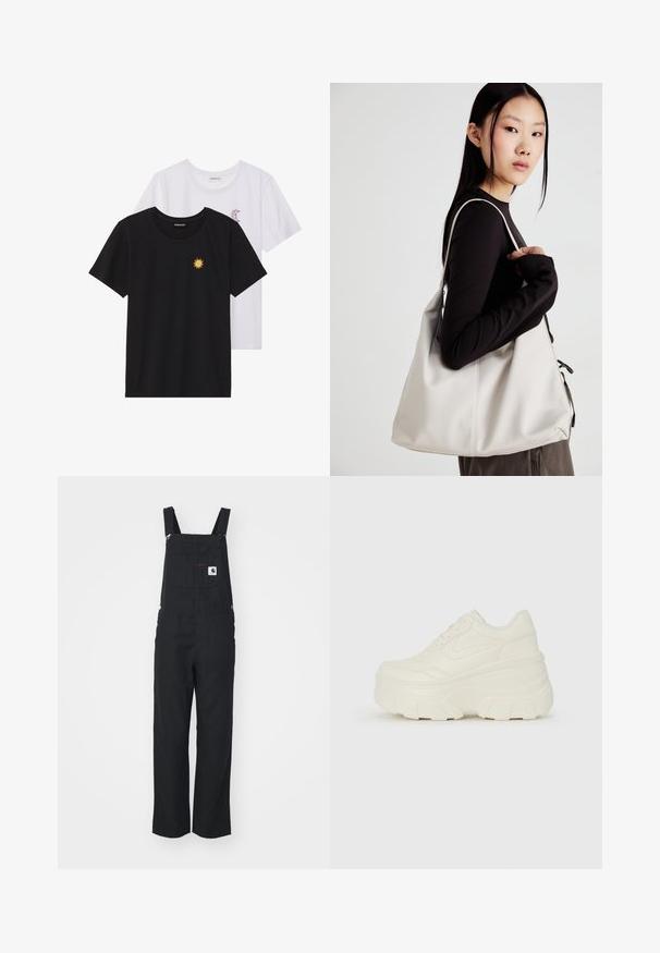 T-shirt in bianco e nero, girocollo, maniche corte. La maglietta nera presenta un ricamo di sole giallo; quella bianca ha un accento di luna crescente viola.; Salopette nera in tessuto con spalline regolabili, tasca frontale a toppa e bottoni laterali. Design a gamba dritta, texture liscia, stile minimalista.; Sneakers bianchi con piattaforma, caratterizzati da una parte superiore simile alla pelle liscia, forma arrotondata, collo imbottito e suola in gomma testurizzata con scanalature ben definite.; Borsa a mano beige realizzata in materiale morbido, caratterizzata da un design morbido, dettagli cuciti e due manici. Adatta per l'uso quotidiano.