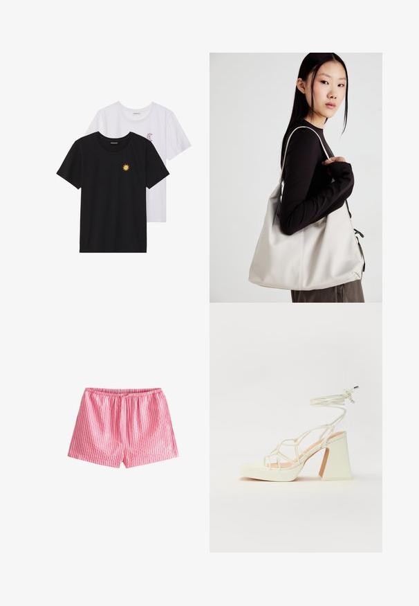 Schwarz-weiße T-Shirts, Rundhals, kurze Ärmel. Das schwarze Shirt hat eine gelbe Sonnenstickerei; das weiße eine lila Halbmond-Akzent.; Next TEXTURED STRIPE TIE WAIST REGULAR FIT - Shorts - pink; Weiße High-Heel-Sandale mit einem klobigen Absatz, die über ein Riemchendesign und ein Knöchelband verfügt. Glatte Textur mit einer Plattform vorne für zusätzliche Höhe.; Beige Handtasche aus weichem Material, mit einem lässigen Design, gesteppten Details und zwei Schulterriemen. Geeignet für den täglichen Gebrauch.