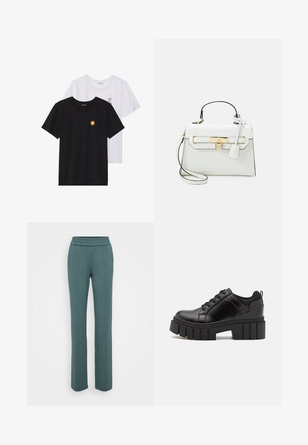 Zwart-witte T-shirts, ronde hals, korte mouwen. Het zwarte shirt heeft gele zon-geborduurde details; het witte shirt heeft een purperen halve maan accent.; Teal broek met elastische tailleband en een rechte pijpdesign, voorzien van verticale naden aan de voorkant en een gladde, zachte stoftextuur.; Zwarte leren platform schoenen met een stevige blokhak, ronde neus en een traditionele vetersluiting. Kenmerkt zich door een gladde textuur en minimale details.; Witte handtas met krokodillenstructuur, gouden hardware, bovenhandvat en afneembare schouderband; beschikt over een slotvergrendeling en een minimalistisch ontwerp.