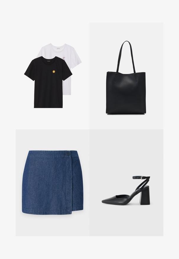 Črne in bele majice, okrogli vrat, kratki rokavi. Črna majica ima richelieu vezenje sonca v rumeni barvi; bela ima vijolični naglavni mesec.; Denim krilo s ovitkom, temno modre barve, z gumbom na desni strani in ravnim robom. Mehka tekstura.; Črne usnjene klasične čevlje z ostrim nosom, z zaponko za gleženj in debelim peto. Ravna tekstura, eleganten dizajn in minimalistična estetika.; Črna usnjena torba s svilnato teksturo, pravokotne oblike in dvema dolgima ročajema. Brez vidnih metalnih delov ali okrasnih elementov.