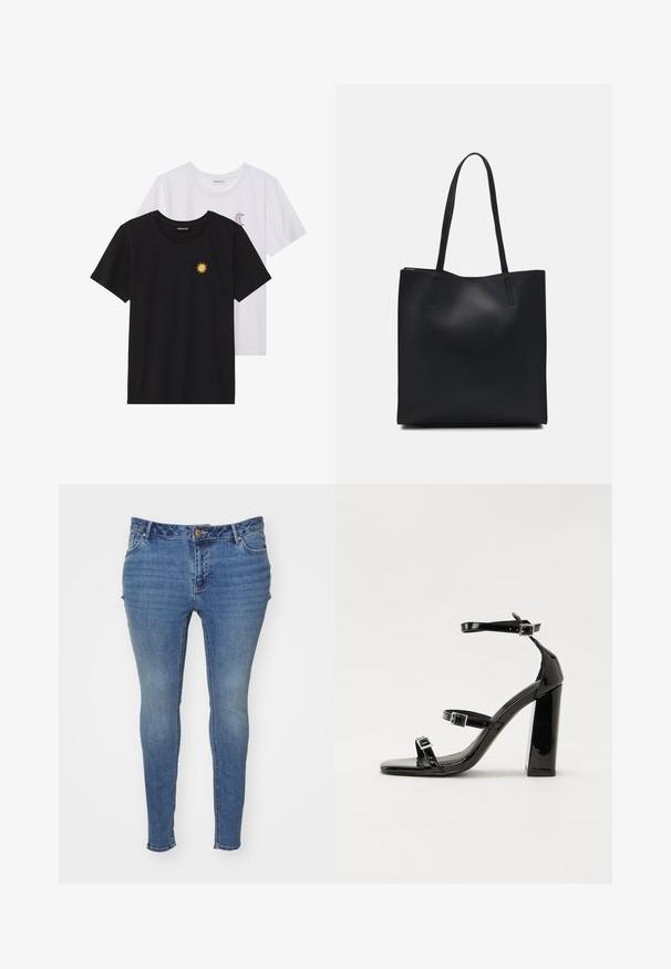 T-shirts preto e branco, de decote redondo e mangas curtas. A camisa preta apresenta um bordado de sol amarelo; a branca tem um detalhe de lua crescente roxa.; Jeans skinny azuis feitos de denim com um acabamento desbotado. Apresenta um design de cinco bolsos e um fecho de botão na cintura.; Sandálias de tacão preto laqueadas com bico quadrado, tiras para o tornozelo e fivelas prateadas. Apresentam um salto bloco chunky para estabilidade.; Bolsa tote preta em couro com textura lisa, forma retangular e duas alças longas. Sem hardware ou enfeites visíveis.
