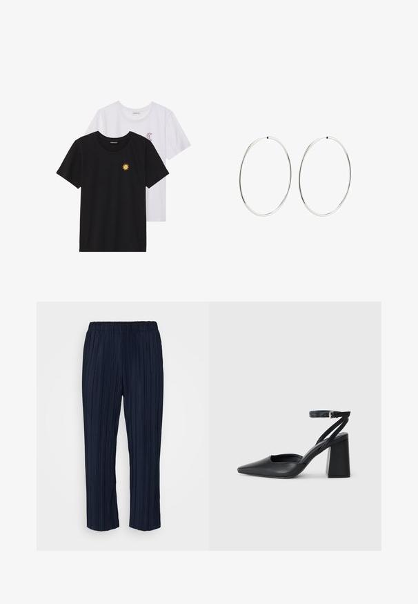 Juodi ir balti marškinėliai, apvaliu kaklu, trumpomis rankovėmis. Juodi marškiniai su geltonu saulės siuvinėjimu; baltieji turi purpurinę pusmėnulio akcentą.; Jūriniai klostuoti kelnių su elastingu juosmeniu, turintys vertikalių dryžių ir laisvą kirpimą, baigiasi šiek tiek virš kulkšnies.; Juoda odinė smailiagalė aukštakulnio bateliai su kulkšnies dirželiu ir storu kulnu. Lygus paviršius, elegantiškas dizainas ir minimalistiška estetinė. ; Sidabriniai auskarai-žiedai su lygiu, apvaliu dizainu ir blizgiu paviršiumi. Jie yra ploni ir lengvi, turintys paprastą užsegimą.