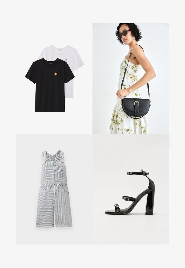 Black and white T-shirts, round neck, short sleeves. Black shirt features yellow sun embroidery; white has purple crescent moon accent.; Striped denim overalls with a square pocket, adjustable straps, and a wide neckline. Features a relaxed fit with shorts length.; Black patent high-heeled sandals with two buckle straps, square toe, and a chunky block heel, featuring a smooth, glossy texture.; Black leather handbag with a curved shape, detachable strap, and gold hardware. The bag features a flap with a buckle detail.