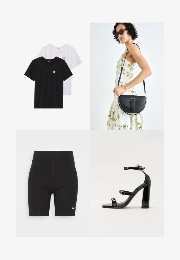 Černé a bílé trička, kulatý výstřih, krátké rukávy. Černé tričko má žlutou výšivku slunce; bílé má fialový akcent měsíce v podobě půlměsíce.; Černé cyklistické šortky vyrobené z elastického materiálu, se zvýšeným pasem a viditelným šitím. Obsahují malé stříbrné logo Nike na nohavici.; Černé lakované sandály na vysokém podpatku se dvěma pásky se sponami, čtvercovou špičkou a robustním blokovým podpatkem, s hladkou, lesklou texturou.; Černá kožená kabelka s křivkovým tvarem, odnímatelným popruhem a zlatými detaily. Kabelka má klopu s přezkou.