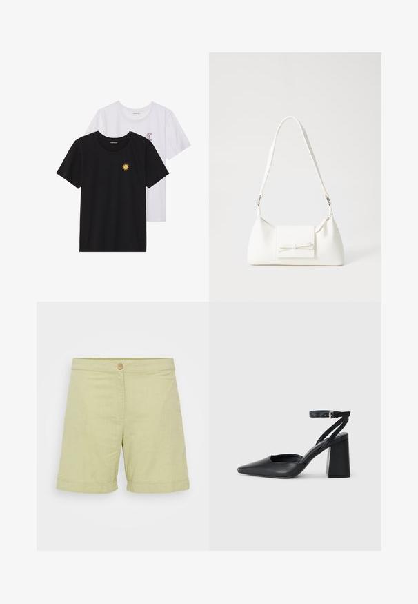 T-shirts noir et blanc, col rond, manches courtes. Le t-shirt noir présente une broderie de soleil jaune ; le t-shirt blanc a un accent de croissant de lune violet.; Shorts en lin vert clair avec une fermeture à bouton, texture lisse, ourlets roulés et un design simple et droit.; Escarpin noir en cuir à bout pointu avec une bride de cheville et un talon épais. Texture lisse, design élégant et esthétique minimaliste.; Sac à main synthétique blanc en forme triangulaire, avec un rabat avant plat et un détail en nœud, une bandoulière ajustable, une texture lisse et un design minimaliste.