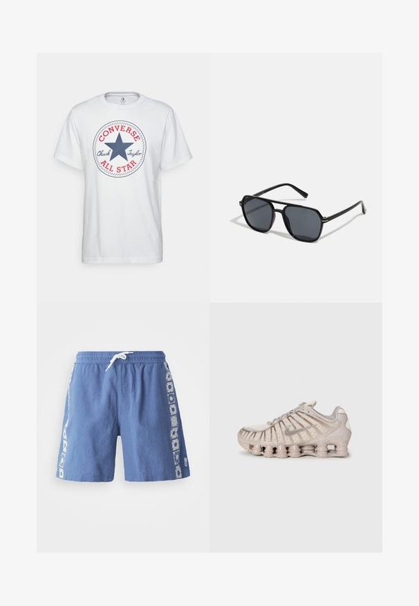 Bílá bavlněná tričko s kruhovým grafickým vzorem obsahujícím modrou hvězdu, červený nápis "CONVERSE" a text "Chuck Taylor ALL STAR". Krátké rukávy, ležérní střih.; Modré plavky z lehké tkaniny, s elastickým páskem na šňůrku a květinovými potisky po stranách.; Světle béžová sportovní bota s vrchní částí z mřížkové tkaniny, strukturálním designem a jedinečnou odpruženou podrážkou s cylindrickými sekcemi.; Černé sluneční brýle s osmiúhelníkovým rámem, tmavými čočkami, lesklým povrchem, tenkými nožičkami a zlatými akcenty na přední části.
