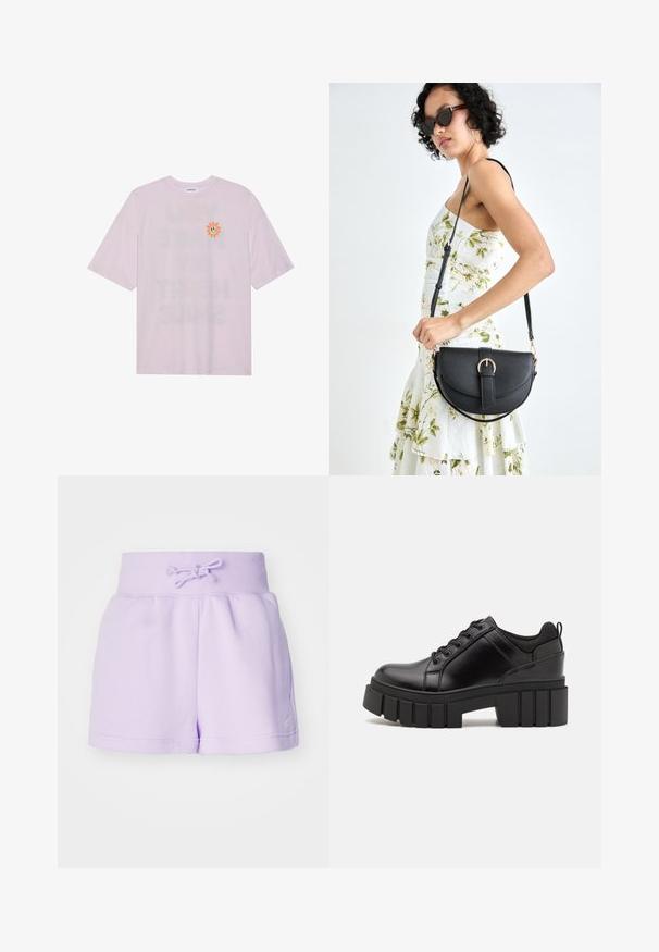 Even&Odd T-shirt estampada - lavander fog; Nike Sportswear SPORTSWEAR PHOENIX FLEECE - Calções - violet mist; Sapatos de plataforma em couro preto com um salto bloco robusto, bico redondo e design clássico de atacadores. Apresentam uma textura suave e detalhes mínimos.; Bolsa de couro preta com forma curva, alça destacável e detalhes em dourado. A bolsa possui uma aba com detalhe de fivela.