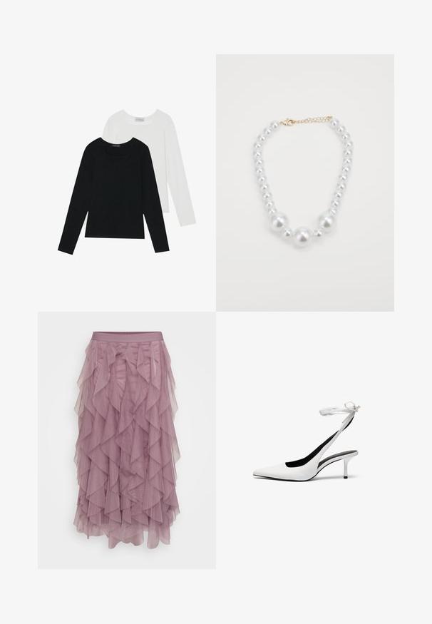 To lange ermer t-skjorter, en svart og en hvit, begge med firkantet utringning og laget av mykt, elastisk stoff.; Lagdelte tyllskjørt i myk mauve, med flere volanger, en glatt midje og en semi-transparent tekstur. Midi-lengde design.; Hvite spisse slingback-hæler med tynn ankelrem. Glatt lærmateriale, tynn stiletthæl og svart innvendig foring.; Hvit perlekjede som har varierte størrelser av blanke runde perler med lås i gullfarge og justerbar kjede.