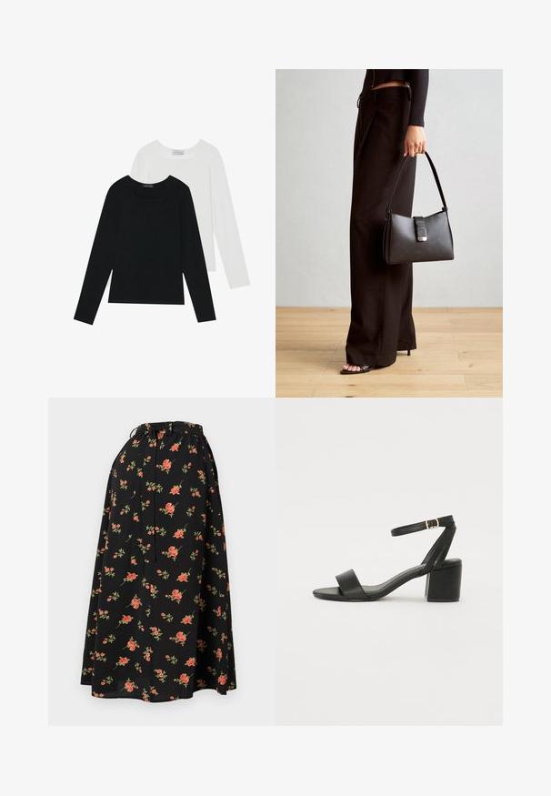 To lange ermer t-skjorter, en svart og en hvit, begge med firkantet utringning og laget av mykt, elastisk stoff.; Svart blomstret skjørt med snor i livet, med røde og grønne blomstermønstre og en flytende, lett tekstur.; Sorte hælede sandaler med en glat læderoverdel, åben tå, brede frontstropper og justerbar ankelstrop med en gold spænde detalje.; Svart håndveske med strukturert form, jevn tekstur og metallisk lås. Kombinert med brede svarte bukser og sandaler med åpen tå på tregulv.
