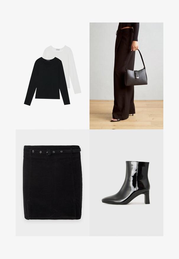 Két hosszú ujjú felső, az egyik fekete, a másik fehér, mindkettő négyzet alakú nyakkivágással rendelkezik, és puha, rugalmas anyagból készült.; Fekete kordbársony szoknya testhez simuló fazonnal, övvel, ezüst színű kiegészítőkkel és diszkrét függő bordázott textúrával.; Fekete lakk bőrcipő bokáig érő, hegyes orral és közepes magasságú tömbsarokkal. Simább textúrával és minimalista dizájnnal rendelkezik.; Fekete kézi táska strukturált formával, sima textúrával és fémből készült záródással. Széles fekete nadrággal és nyitott orrú szandállal párosítva, fából készült padlón.