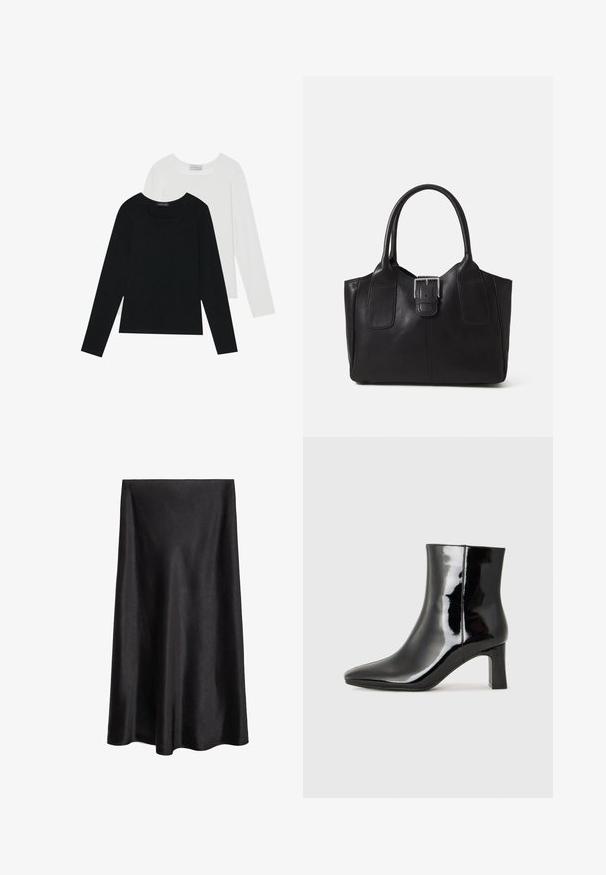 Due magliette a maniche lunghe, una nera e una bianca, entrambe con scollo quadrato e realizzate in un tessuto morbido e elasticizzato.; Mango Gonna a campana - black; Stivaletto in pelle verniciata nera con punta a punta e tacco a blocco di altezza media. Texture liscia e design minimalista.; Borsa tote in pelle nera con texture liscia, forma strutturata, due manici e un evidente dettaglio in fibbia argentata sul davanti.