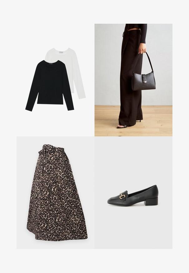 Twee shirts met lange mouwen, één zwart en één wit, beide met een vierkante halslijn en gemaakt van zacht, rekbaar materiaal.; Maxi rok met luipaardprint in bruin en zwart, gemaakt van zachte stof, met een geknoopte tailleband en plooien voor een vloeiende silhouet.; Zwarte lederen instappers met een platte hak, met een decoratieve gouden hardware detail aan de voorkant en een gladde textuur.; Zwarte handtas met gestructureerde vorm, gladde textuur en een metalen sluiting. Gecombineerd met brede zwarte broeken en sandalen met open teen op een houten vloer.