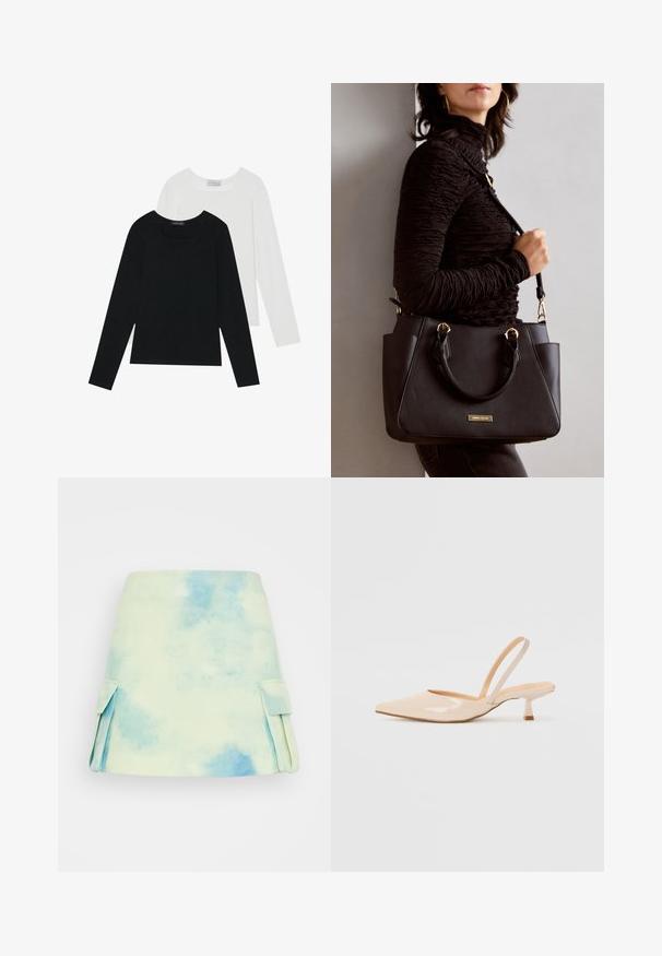 Dva dugo rukava, jedan crni i jedan bijeli, oba s kvadratnim izrezom i izrađeni od mekane, rastezljive tkanine.; Kratka A-linija suknja u pastelnom akvarelnom uzorku s plavim i zelenim tonovima. Ima bočne džepove i glatku teksturu tkanine.; Bež sandale od lakirane kože s uskim vrhom i tankim, kvadratnim potpeticom. Glatka tekstura i minimalistički dizajn bez ukrasnih detalja.; Crna torba s teksturiranom površinom, dvostrukim gornjim ručkama i podesivom remenom za rame. Ima zlatne metalne detalje i bočne džepove.; Zlatne metalne naušnice s elegantnim, zakrivljenim dizajnom. Imaju karakterističan šiljast oblik, poliranu površinu i zatvaranje na šarku.