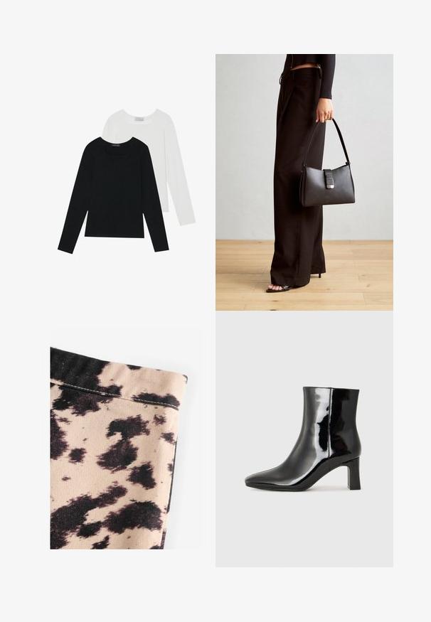 Two long-sleeve tops, one black and one white, both featuring a square neckline and made from soft, stretchy fabric.; Beige fabric with black cow print pattern, featuring ribbed texture and simple seam detailing. No visible hardware or accents.; Black patent leather ankle boot with a pointed toe and a mid-height block heel. Smooth texture and minimalist design.; Black handbag with structured shape, smooth texture, and a metallic clasp. Paired with wide black pants and open-toe sandals on wooden floor.