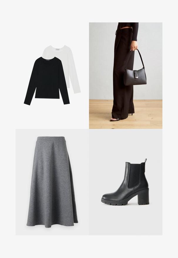 Dvě dlouhé rukávy, jedna černá a jedna bílá, obě s čtvercovým výstřihem a vyrobené z měkké a elastické látky.; Šedá sukně ke kolenům vyrobená z měkkého, elastického materiálu, s rozšířeným designem a pružným pasem pro pohodlí.; Černá kožená kotníková obuv s elastickými bočními panely, masivní gumovou podrážkou a vysokým blokovým podpatkem. Obsahuje poutko na zadní straně.; Černá kabelka se strukturovaným tvarem, hladkým povrchem a kovovým uzávěrem. Kombinována s širokými černými kalhotami a sandály s otevřenou špičkou na dřevěné podlaze.