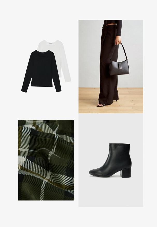 Twee shirts met lange mouwen, één zwart en één wit, beide met een vierkante halslijn en gemaakt van zacht, rekbaar materiaal.; Gevlochten geruite stof in donker groen, zwart en wit. De textuur is glad met een zachte, geprinte afwerking.; Zwarte leren enkellaarzen met een spitse neus en een chunky hak. Gladde textuur met minimale accenten en een slank, strakk ontwerp.; Zwarte handtas met gestructureerde vorm, gladde textuur en een metalen sluiting. Gecombineerd met brede zwarte broeken en sandalen met open teen op een houten vloer.