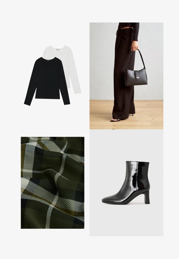 Du suknelės su ilgomis rankovėmis, viena juoda ir viena balta, abi su kvadratiniu iškirpimu ir pagamintos iš minkštos, elastingos medžiagos.; Audiniu su languotu raštu, kuriame vyrauja tamsiai žalia, juoda ir balta spalvos. Tekstūra glotni, su švelniu, raštuotu paviršiumi.; Juodos lakuotos odinės aulinukės su smailiu pirštu ir vidutinio aukščio blokuotu kulnu. Lygus paviršius ir minimalistinis dizainas.; Juodas rankinė struktūrizuota forma, lygi tekstūra ir metalinis užsegimas. Suporuota su plačiomis juodomis kelnėmis ir atvirais bateliais ant medinių grindų.