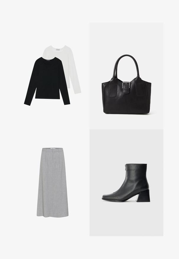 Două bluze cu mânecă lungă, una neagră și una albă, ambele având un guler pătrat și fiind confecționate dintr-un material moale și elastic.; Fustă gri, până la genunchi, cu o textură netedă și un model subtil de heather. Prezintă un front plat cu pliuri și un brâu croit.; Botină neagră din piele, cu vârf pătrat, fermoar pe lateral și toc bloc, pe un fundal simplu deschis.; Geantă tote din piele neagră cu textură netedă, formă structurată, două mânere și un detaliu proeminent din aliaj de argint pe partea din față.