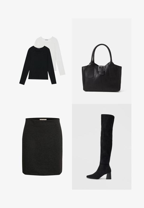 Kaks pikka varrukatoppi, üks must ja teine valge, mõlemad ruudukujulise kaelusega ja valmistatud pehmest, venivast kangast.; Musterniga mustritega musta värvi seelik, millel on istuv disain, sirge siluett ja sile tekstuur. Omab mugavuse lisamiseks vöökohta.; Must must ümberpööratud musta nahast põlve kõrgune saapad blokknõelaga, terava varbaga ja sujuva, õmblusteta disainiga, asetatud heledale taustale.; Mustgamma nahast kott, millel on sile tekstuur, struktureeritud kuju, kaks käepidet ja esiküljel silmapaistev hõbedane pandla detail.