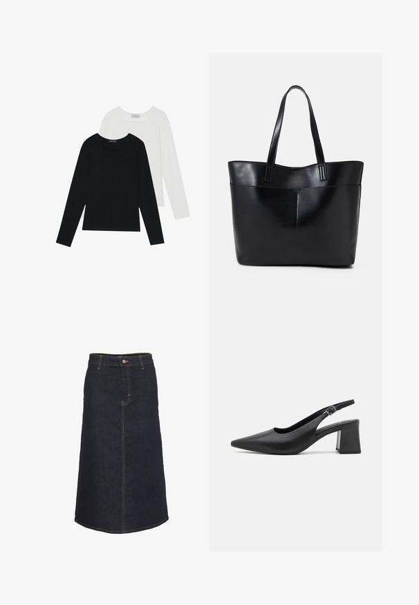 Divi ilgiem piedurknēm tops, viens melns un otrs balts, abiem ir kvadrāta izgriezums un tie ir izgatavoti no mīksta, elastīga auduma.; Tumši denima midi svārki ar taisnu siluetu, ar priekšējo pogu aizdari un kontrastējošiem dzelteniem šuvju izšuvumiem.; Melnas ādas sadalītās augstpapēžu kurpes ar smailo purngalu un masīvu bloka papēdi. Iekļauta regulējama siksna ar metālisku sprādzi.; Melnas ādas iepirkumu soma ar divām garām rokturām, gludu tekstūru un strukturētu formu. Iekļauj priekšējo kabatu papildu uzglabāšanai.; Sudraba riņķa auskari ar elegantu, apaļu dizainu, kas izceļas ar gludu virsmu un bez redzamām rotājumām. Diametrs netiek norādīts.