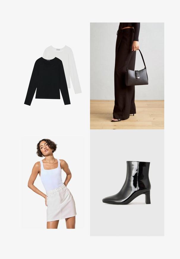 Dos camisetas de manga larga, una negra y otra blanca, ambas con escote cuadrado y confeccionadas en un tejido suave y elástico.; Top blanco sin mangas con escote cuadrado, combinado con una mini falda de mezclilla beige claro, que cuenta con bolsillos frontales y detalles de costura sutiles.; Botín de charol negro con punta afilada y un tacón de bloque de altura media. Textura suave y diseño minimalista.; Bolso negro con forma estructurada, textura suave y un cierre metálico. Combinado con pantalones anchos negros y sandalias de dedo en un suelo de madera.