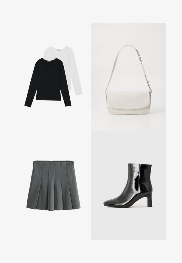 Due magliette a maniche lunghe, una nera e una bianca, entrambe con scollo quadrato e realizzate in un tessuto morbido e elasticizzato.; Gonna a pieghe grigia realizzata in un morbido tessuto texturizzato. Presenta un elastico in vita aderente e pieghe sovrapposte per il movimento.; Stivaletto in pelle verniciata nera con punta a punta e tacco a blocco di altezza media. Texture liscia e design minimalista.; Borsa a spalla in pelle bianca con finitura liscia, forma rettangolare, chiusura a patta e tracolla regolabile. Dettaglio di cucitura semplice.