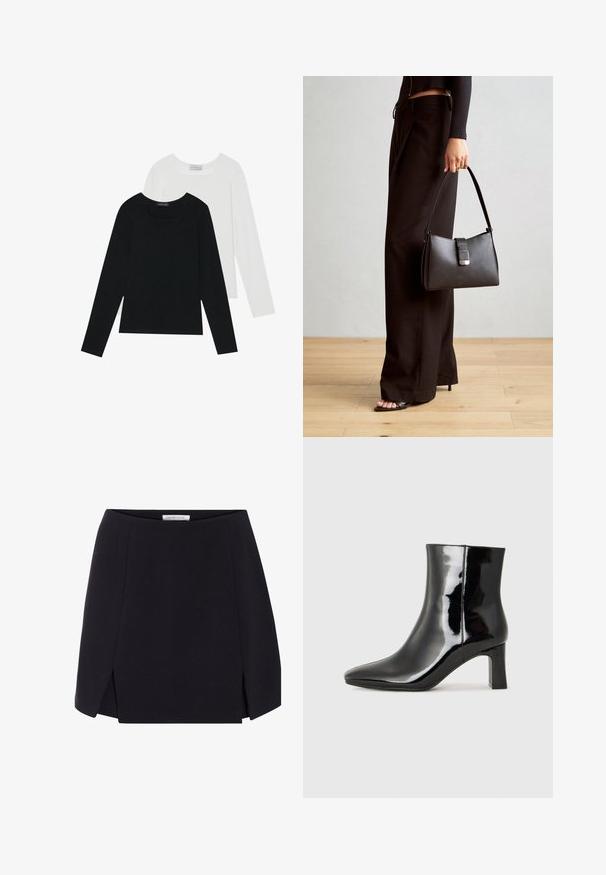 Deux tops à manches longues, un noir et un blanc, tous deux avec un décolleté carré et fabriqués en tissu doux et extensible.; Jupe noire en forme de A avec une texture lisse, présentant des fentes latérales et un design épuré et minimaliste. Étiquette visible au niveau de la taille.; Bottines en cuir verni noir avec un bout pointu et un talon block de hauteur moyenne. Texture lisse et design minimaliste.; Sac à main noir à la forme structurée, texture lisse et fermoir métallique. Associé à un pantalon noir ample et des sandales ouvertes sur un sol en bois.