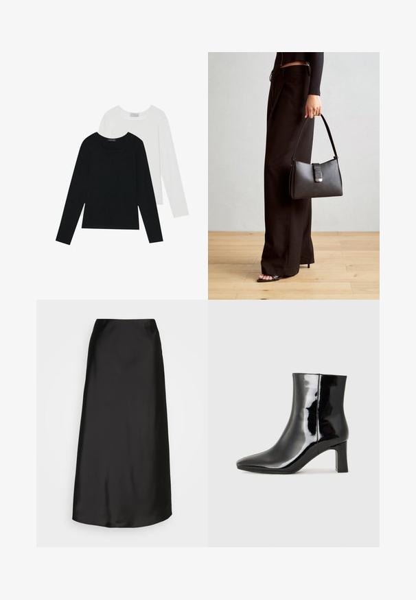 Kaksi pitkähihainen paitaa, yksi musta ja yksi valkoinen, molemmat neliönmallisella kaula-aukolla ja pehmeästä, joustavasta kankaasta valmistettu.; Mustat satiini-midi-hameet, joissa on sileä pinta, A-linjainen malli ja hienovarainen kiilto. Ominaisuudet sisältävät tyylikkään, yksinkertaisen muotoilun ilman koristeluja.; Musta patenttilakattu nilkkuri, jossa on terävä kärki ja keskipitkä lohkarekorko. Silkkinen pinta ja minimalistinen muotoilu.; Musta käsilaukku, jossa on rakenteellinen muoto, sileä pinta ja metallinen solki. Yhdistetty leveisiin mustiin housuihin ja avonaiheisiin sandaaleihin puulattialla.