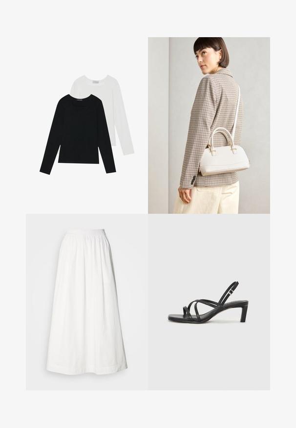To lange ermer t-skjorter, en svart og en hvit, begge med firkantet utringning og laget av mykt, elastisk stoff.; Hvit maxi-skirt laget av lett materiale, med en samlet elastisk midje og en flytende silhuett uten synlige mønstre.; Sorte sandaler med stropper, firkantet tå og lav blokk hæl. Har flere tynne stropper og en justerbar ankelstropp. Laget av glatt lær.; Hvit strukturert håndveske med korte håndtak og skulderreim, med detaljer i gullfinish og teksturert materiale, vist mot en grå bakgrunn.