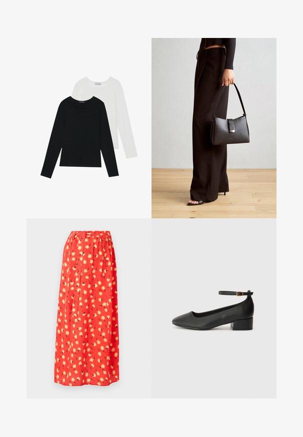 Dva dolga rokava, en črn in en bel, oba z kvadratnim izrezom in narejena iz mehkega, raztegljivega materiala.; Rdeča maksi krila iz lahkega materiala, z rožnatim vzorcem rumenih marjetic in črnimi detajli. Elastičen pas za udobje.; Črne usnjene pumpice z nazobčanimi prsti in nizko blokasto peto. Imajo trak okoli gležnja z zaponko v zlatem tonu. Gladka tekstura.; Črna torbica z strukturirano obliko, gladko teksturo in kovinskim zaponko. Ujemajo se z širokimi črnimi hlačami in odprtimi sandali na lesenem tleh.