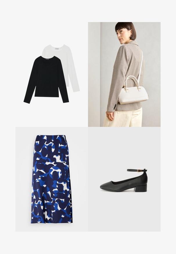 Twee shirts met lange mouwen, één zwart en één wit, beide met een vierkante halslijn en gemaakt van zacht, rekbaar materiaal.; Een knielange rok van gladde stof met een marineblauwe basis en gedurfde blauwe en witte abstracte vormen en patronen door het geheel.; Zwarte leren pump met een spitse neus en een lage blokhak. Beschikt over een enkelband met een goudkleurige gespsluiting. Gladde textuur.; Witte gestructureerde handtas met korte handvatten en een schouderband, voorzien van gouden hardwareaccenten en een textuurmateriaal, tentoongesteld tegen een grijze achtergrond.