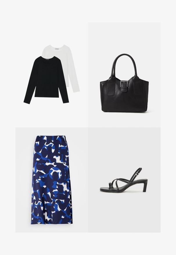 To lange skjorter med lange ærmer, en sort og en hvid, begge med firkantet halsudskæring og lavet af blødt, strækbart stof.; En knælang nederdel lavet af glat stof med en marineblå bund, prydet med store blå og hvide abstrakte former og mønstre.; Sort remsandale med firkantet tå og en lav blokeret hæl. Har flere tynde stropper og en justerbar ankelrem. Fremstillet af glat læder.; Sort læder tote taske med glat tekstur, struktureret form, to håndtag og en fremtrædende sølvspænde detalje på forsiden.; Sølvring med dobbeltbånd og en glat, poleret overflade. Den har et flydende, buet design med overlappende sektioner for et moderne udtryk.