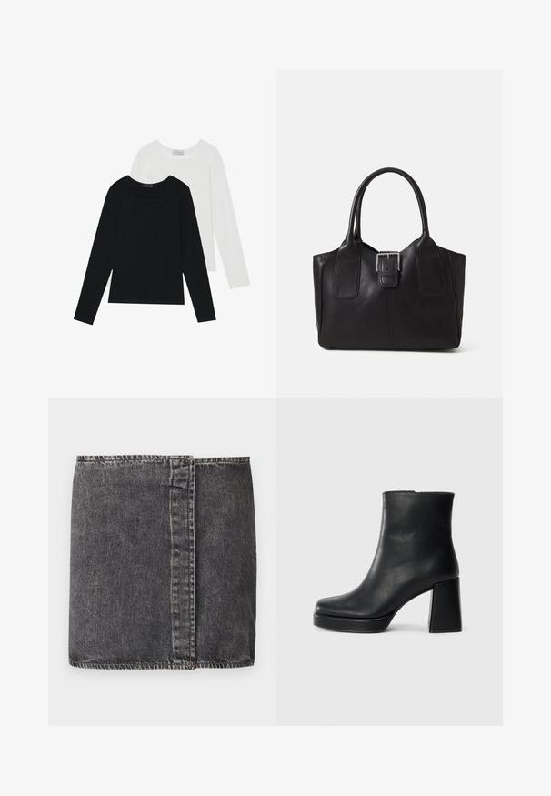 Zwei Langarmoberteile, eines schwarz und eines weiß, beide mit einem quadratischen Ausschnitt und aus weichem, dehnbarem Stoff.; Dunkelgrauer Denim-Rock mit geradem Schnitt, sichtbaren Nähten entlang der Seitennaht und einem rohen Saumabschluss am unteren Rand.; Schwarze Leder-Stiefelette mit Blockabsatz und Plattformsohle, seitlich auf einem schlichten weißen Hintergrund betrachtet.; Schwarze Leder-Tote mit glatter Textur, strukturiertem Design, zwei Griffen und einem auffälligen silbernen Schnallen-Detail auf der Vorderseite.