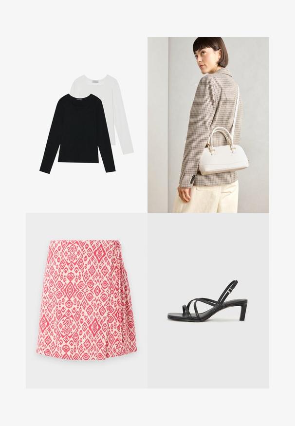 Deux tops à manches longues, un noir et un blanc, tous deux avec un décolleté carré et fabriqués en tissu doux et extensible.; Jupe enveloppante en crème avec un motif géométrique rose. Dotée d'un détail de nœud sur le côté et d'un design évasé pour un ajustement décontracté. Texture de tissu lisse.; Sandale noire à lanières avec un bout carré et un petit talon bloc. Elle présente plusieurs fines lanières et une sangle de cheville ajustable. Fabriquée en cuir lisse.; Sac à main structuré blanc avec de courtes poignées et une bandoulière, doté de accents en métal doré et d'un matériau texturé, présenté sur un fond gris.