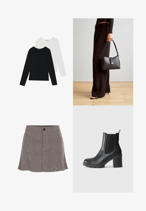 Δύο μπλούζες με μακρύ μανίκι, μία μαύρη και μία άσπρη, και οι δύο με τετράγωνη λαιμόκοψη και φτιαγμένες από μαλακό, ελαστικό ύφασμα.; Καρό φουστάνι σε μαύρο και άσπρο, φτιαγμένο από ελαφρύ ύφασμα, με ζώνη που διαθέτει κουμπί και πτυχώσεις για επιπλέον λεπτομέρεια.; Μαύρη δερμάτινη μπότες μέχρι τον αστράγαλο με ελαστικές πλαϊνές επενδύσεις, χοντρή καουτσούκ σόλα και ψηλό τετράγωνο τακούνι. Διαθέτει λαβίτσα στο πίσω μέρος.; Μαύρη τσάντα χειρός με δομημένο σχήμα, λεία υφή και μεταλλικό κούμπωμα. Συνδυασμένη με φαρδιά μαύρα παντελόνια και σανδάλια ανοιχτής μύτης πάνω σε ξύλινο πάτωμα.