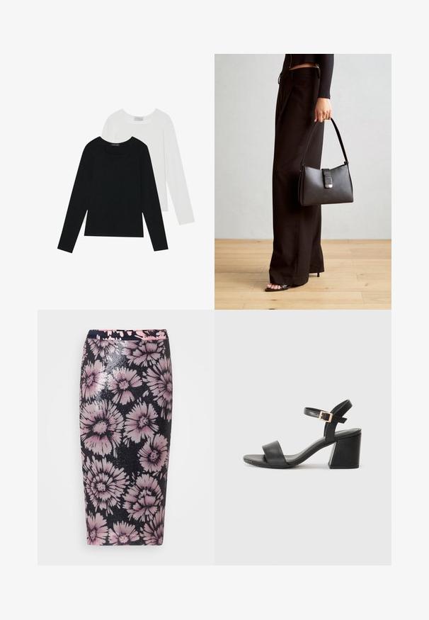 Două bluze cu mânecă lungă, una neagră și una albă, ambele având un guler pătrat și fiind confecționate dintr-un material moale și elastic.; Fustă midi florală cu bază neagră, având un model de flori roz și albe. Fabricată dintr-un material cu paiete, accentuând textura și designul.; Sandale cu toc din piele neagră, cu o bandă lată peste degete și un accent cu cataramă pe brățara pentru gleznă. Toc gros, rectangular.; Genți negre cu o formă structurată, textură netedă și un închizător metalic. Asortată cu pantaloni negri largi și sandale cu vârf deschis pe un podea din lemn.
