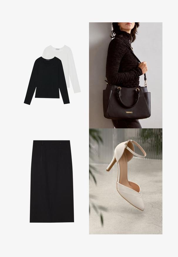 Dvě dlouhé rukávy, jedna černá a jedna bílá, obě s čtvercovým výstřihem a vyrobené z měkké a elastické látky.; Černá sukně kolenových délky ve střihu tužky z hladkého materiálu. Vyznačuje se jednoduchým designem se dvěma předními švy a skrytým zipem na zadní straně.; Bílé lodičky na vysokém podpatku z hladkého materiálu s špičatou špičkou a popruhem kolem kotníku. Vyznačují se světle hnědým interiérem a akcenty zlatého barevného kovu.; Černá kabelka s texturovaným povrchem, dvojitými horními uchy a nastavitelným ramenním popruhem. Obsahuje zlaté kovové prvky a boční kapsy.