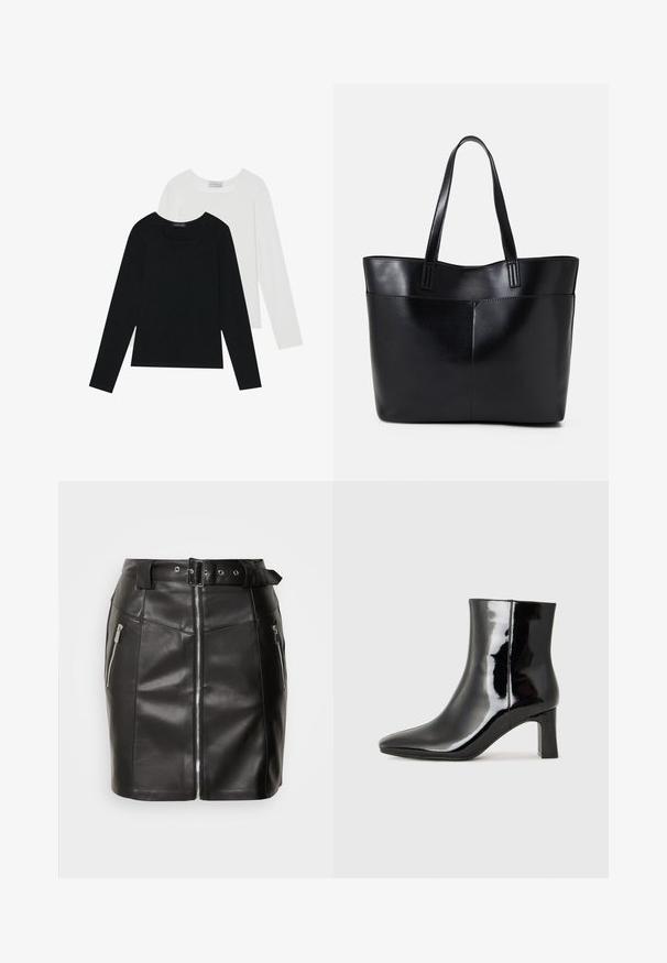 To lange ermer t-skjorter, en svart og en hvit, begge med firkantet utringning og laget av mykt, elastisk stoff.; Svart lær mini skjørt med en tett passform, utstyrt med glidelås foran, to sidelommer og et belte med spenne. Glatt tekstur.; Sorte patentlær ankle boot med spiss tå og en mellomhøy blokkhelt. Glatt tekstur og minimalistisk design.; Svart lær toteveske med to lange håndtak, en glatt tekstur og en strukturert form. Har en frontlomme for ekstra oppbevaring.
