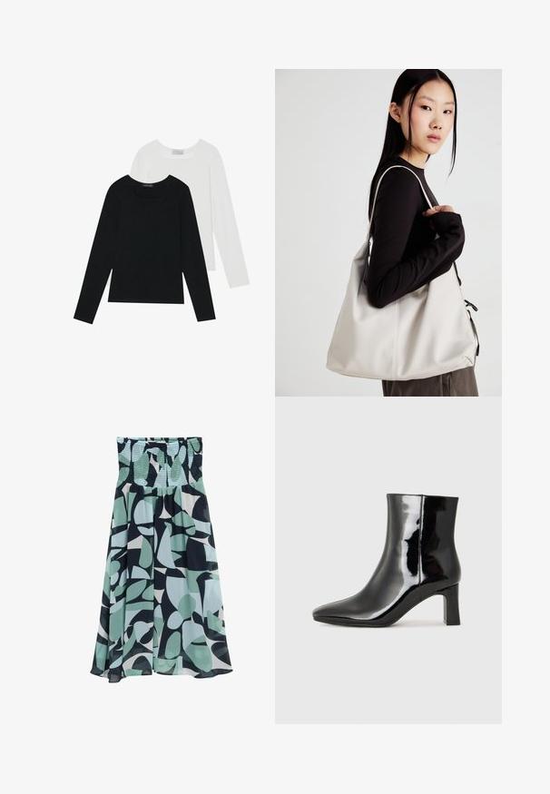 Deux tops à manches longues, un noir et un blanc, tous deux avec un décolleté carré et fabriqués en tissu doux et extensible.; Jupe évasée dans un imprimé abstrait bleu ciel et marine. Caractérisée par une taille smockée et un tissu fluide et léger avec une texture douce.; Bottines en cuir verni noir avec un bout pointu et un talon block de hauteur moyenne. Texture lisse et design minimaliste.; Sac à main beige en matériau souple, avec un design décontracté, des détails cousus et deux poignées. Idéal pour un usage quotidien.